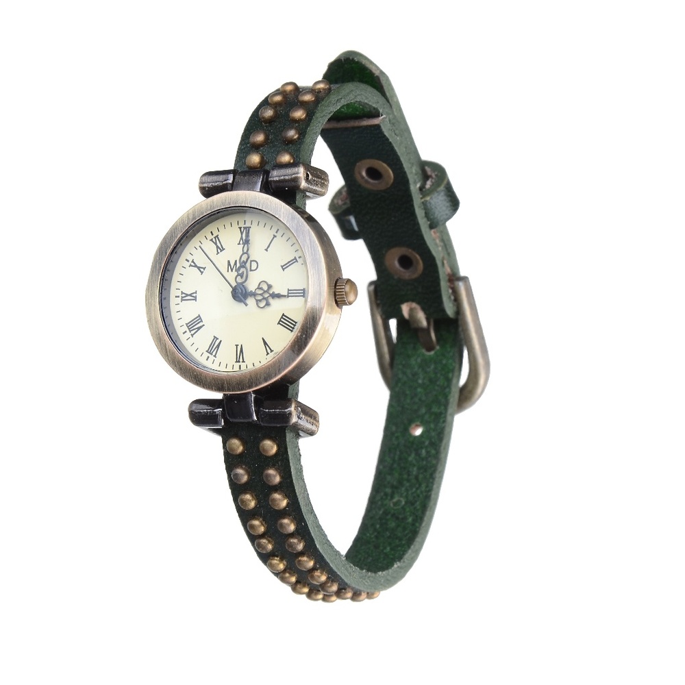 ⌚GREEN VINTAGE STUDDED LEATHER WATCH